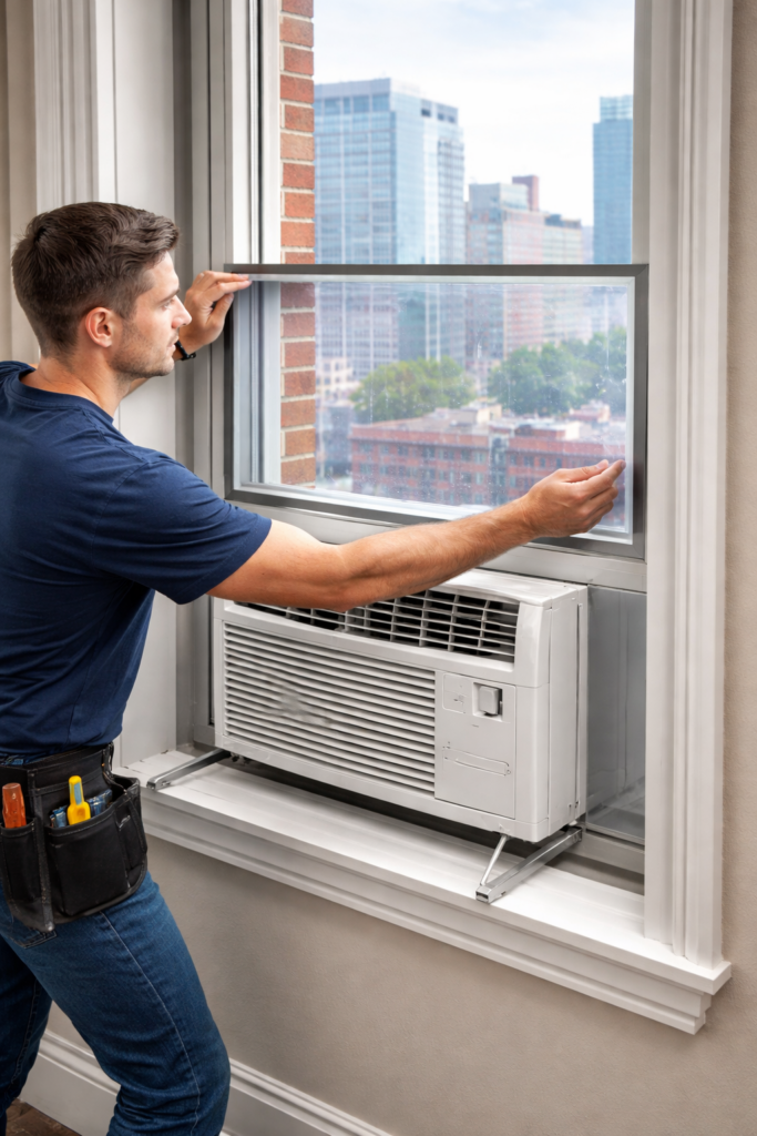 Window AC installation in vertical sliding window NYC using plexiglass pane