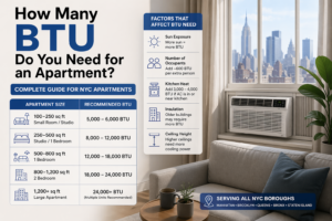 BTU chart for window air conditioner in NYC apartment showing recommended AC size by room and apartment square footage