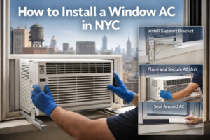 Window AC installation in NYC apartment with support bracket and sealing steps