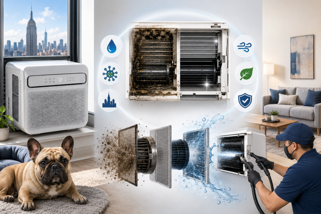NYC apartment with a Midea U-shaped air conditioner, internal dirty vs cleaned AC components, professional deep cleaning process, and French Bulldog representing indoor air quality concerns.