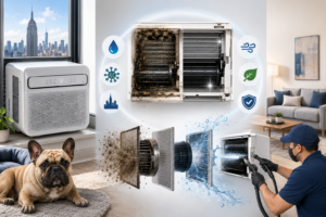 NYC apartment with a Midea U-shaped air conditioner, internal dirty vs cleaned AC components, professional deep cleaning process, and French Bulldog representing indoor air quality concerns.