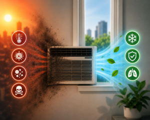 Dirty window air conditioner during NYC heat wave showing polluted air and health risk symbols on one side and clean cool airflow with safety and healthy air icons on the other.