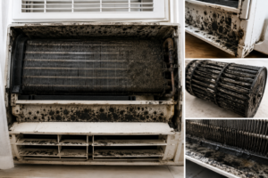 Mold-covered window air conditioner interior with heavy black mold buildup on the evaporator coil, vents, and blower fan components.