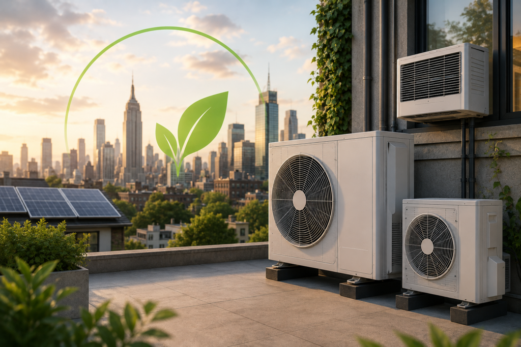 inverter heat pump systems installed on a NYC rooftop building as part of an energy-efficient HVAC retrofit and electrification project.