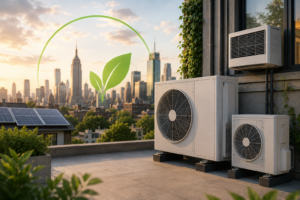 inverter heat pump systems installed on a NYC rooftop building as part of an energy-efficient HVAC retrofit and electrification project.