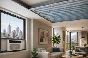Modern NYC apartment with window air conditioner and chilled ceiling radiant cooling system integrated into the ceiling